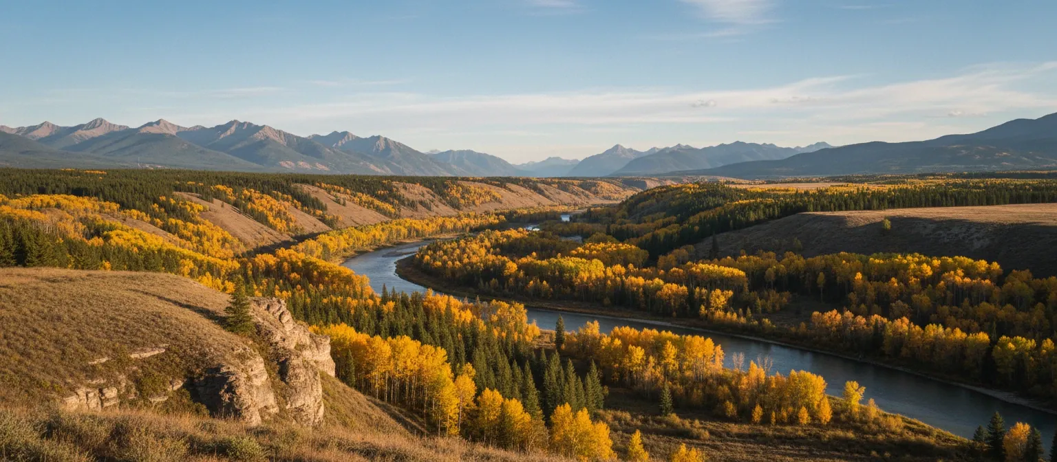 Autumn foothills and a river bending toward the Rocky Mountains (illustrative image)