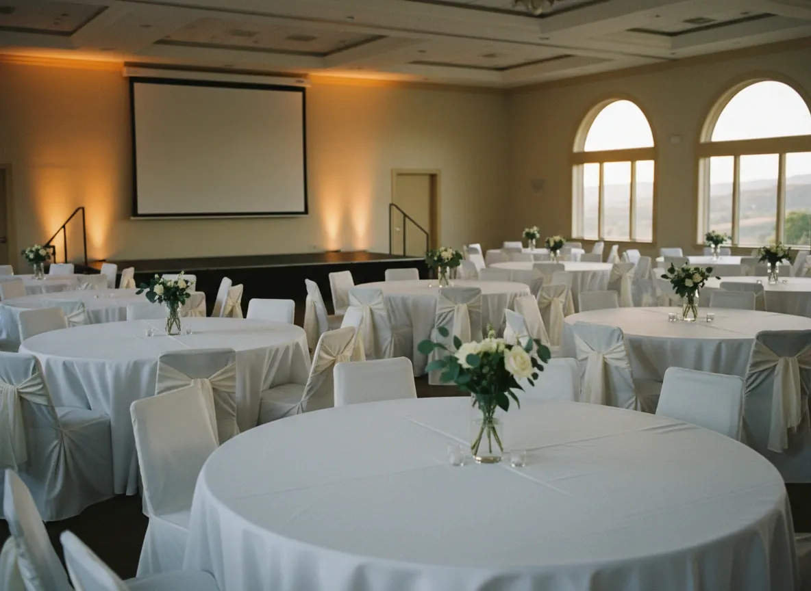 A banquet hall set with round tables and a softly lit stage (illustrative image)
