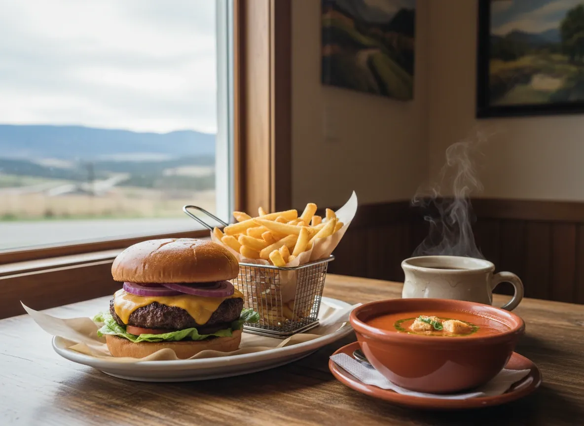 A burger with fries, soup and coffee on a wooden table by a window (illustrative image)