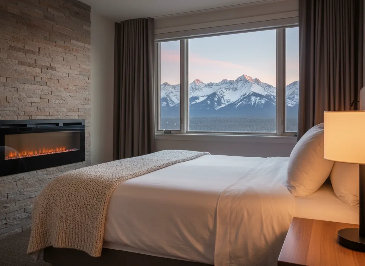 A quiet hotel room with a fireplace and a window onto snowy peaks at dawn (illustrative image)