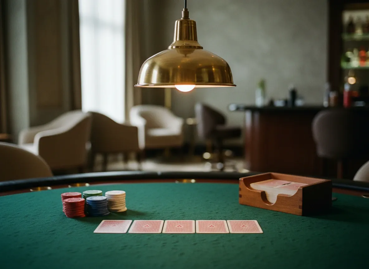 A blackjack table with cards and plain chips under warm light (illustrative image)